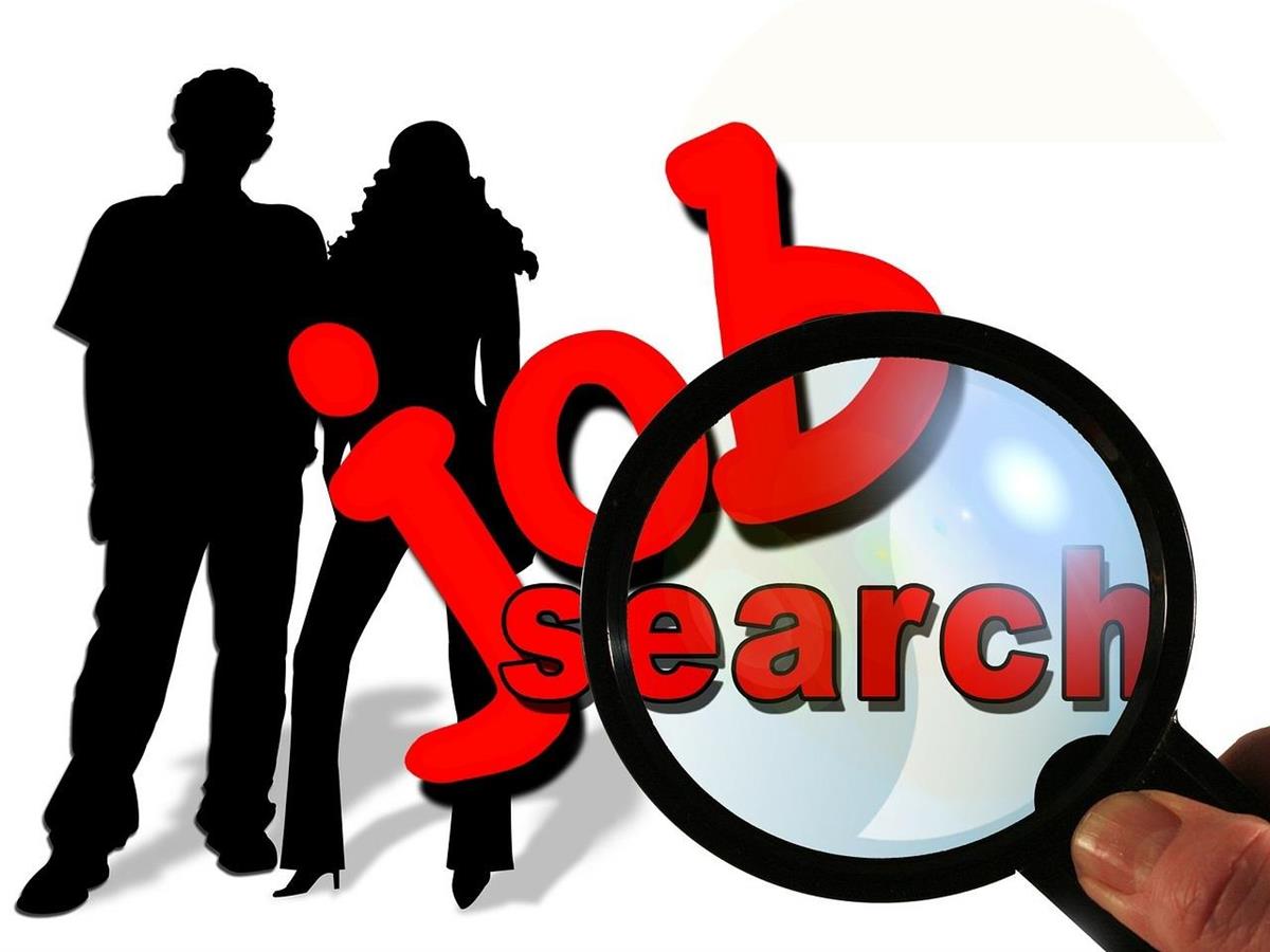 Tegning av to mennesker og forstørrelsesglass ved teksten job search - Klikk for stort bilde