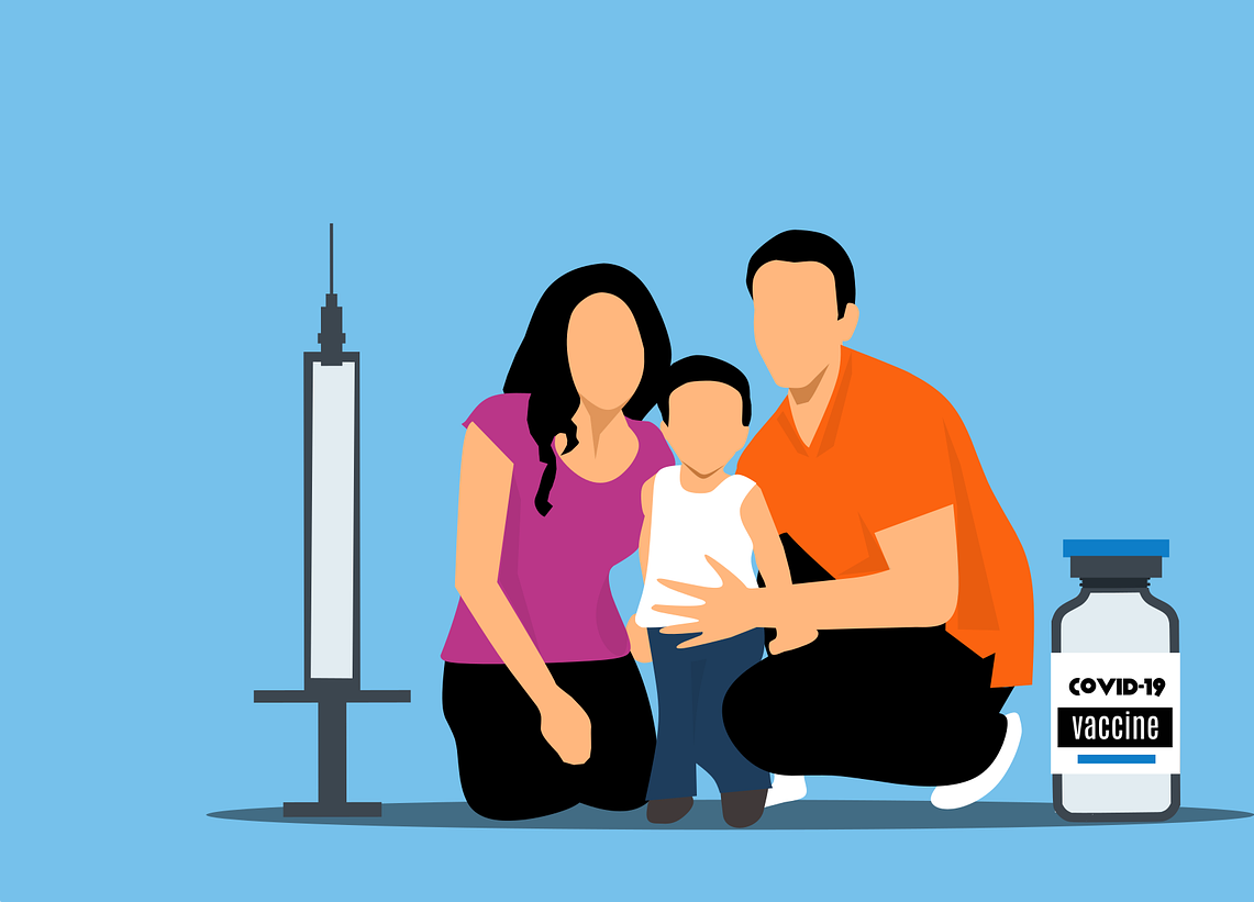 Tegning av mor, far og barn med sprøyte og hetteglass - Klikk for stort bilde