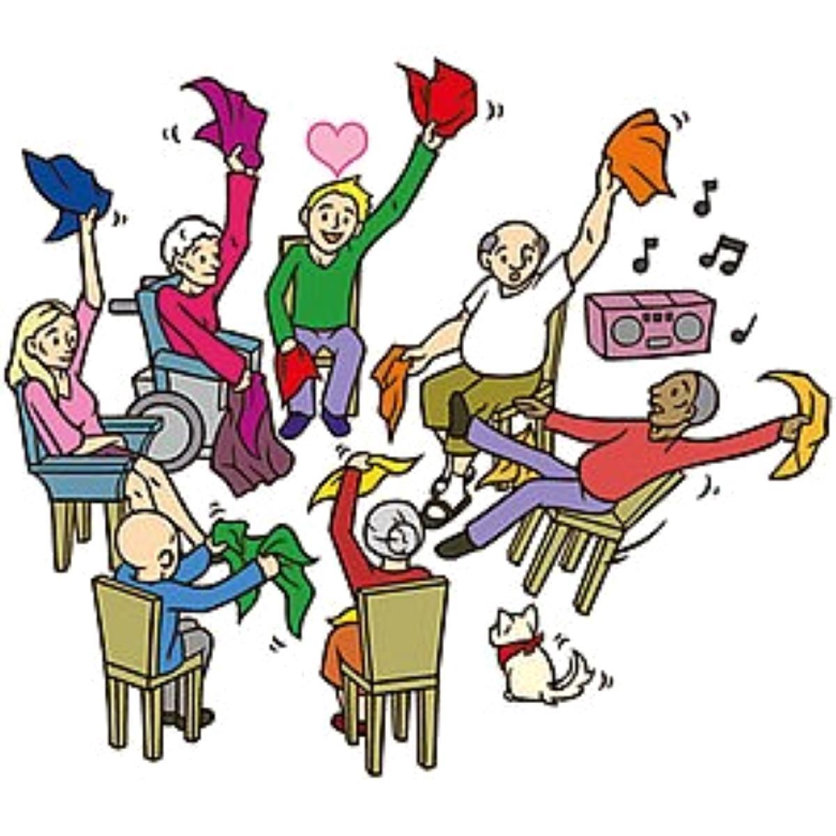 Tegning av sju eldre mennesker som sitter og vifter med tøystykker til tonene fra en radio. - Klikk for stort bilde