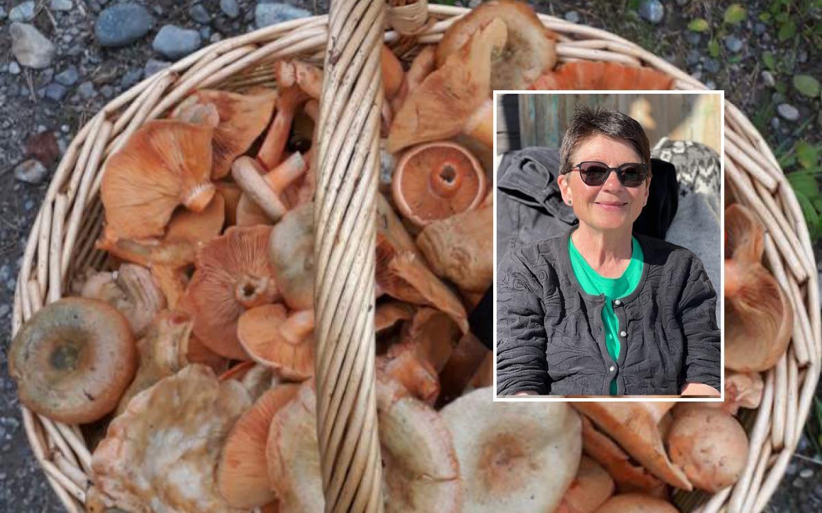 Portrett av kvinne innfelt i bilde av kurv med sopp - Klikk for stort bilde