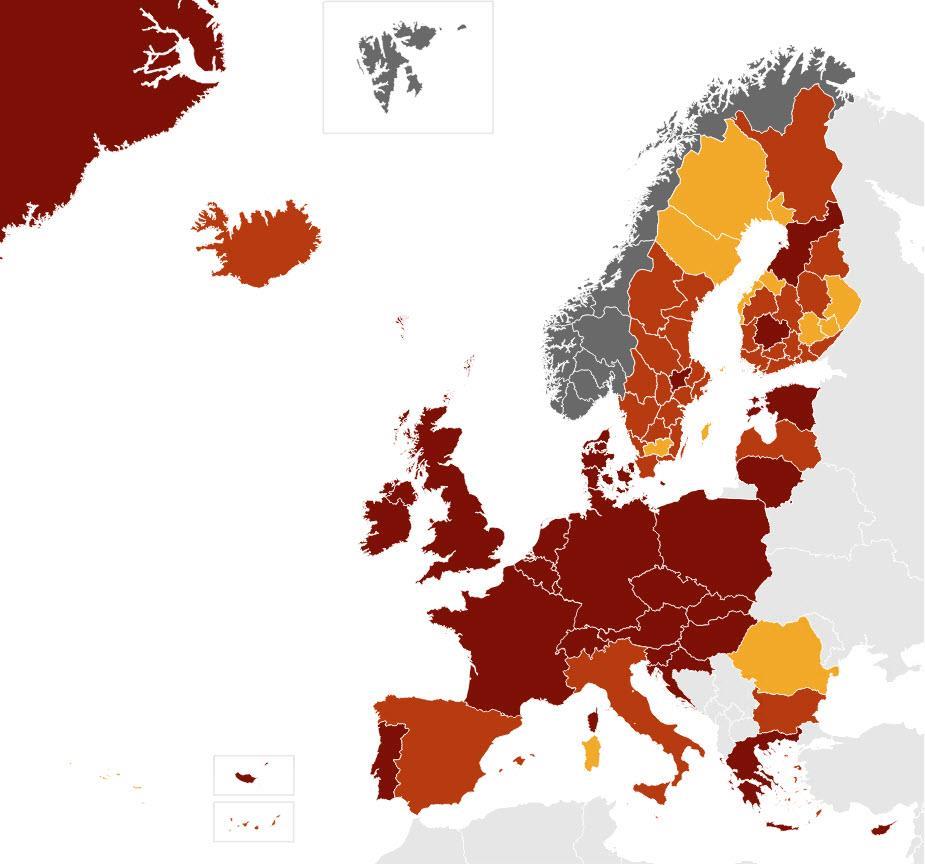 Europakart med farger som viser innreiserestriksjoner - Klikk for stort bilde