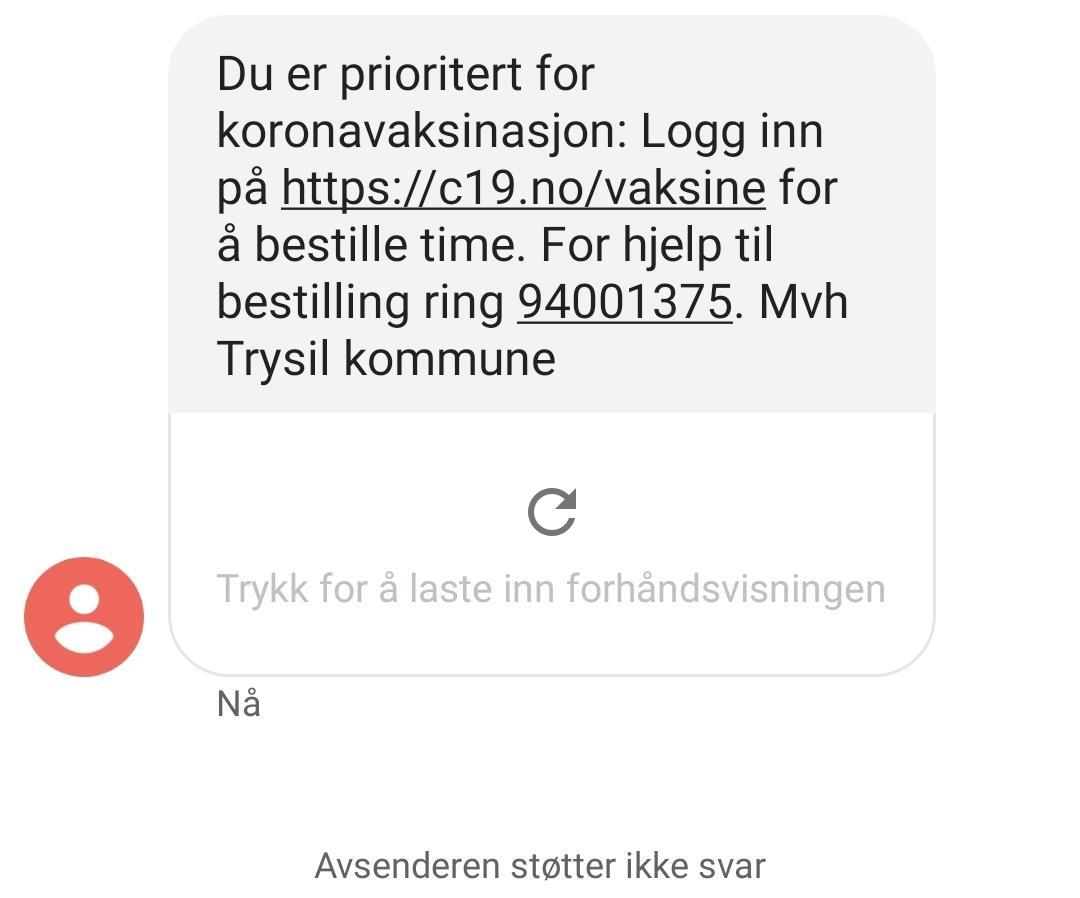SMS-en med innkalling til koronavaksine i Trysil - Klikk for stort bilde