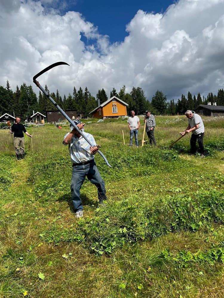 En mann som slår med ljå i åkeren med skog, hus og andre mannfolk i bakgrunnen - Klikk for stort bilde