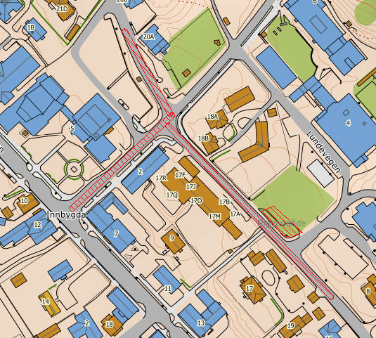 Kart over det berørte området i Korsbergsvegen og Liavegen - Klikk for stort bilde