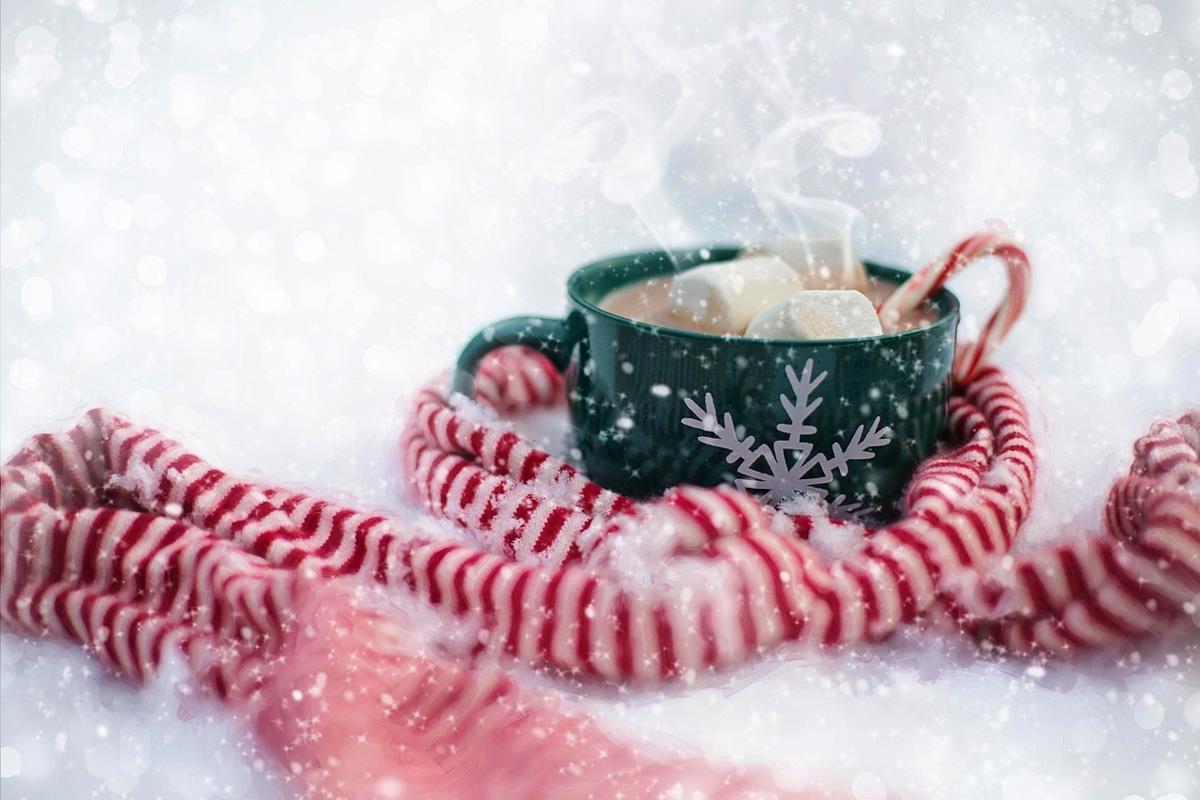 En kopp med varm kakao som har et rødt og hvitt skjerf slengt rundt seg - Klikk for stort bilde