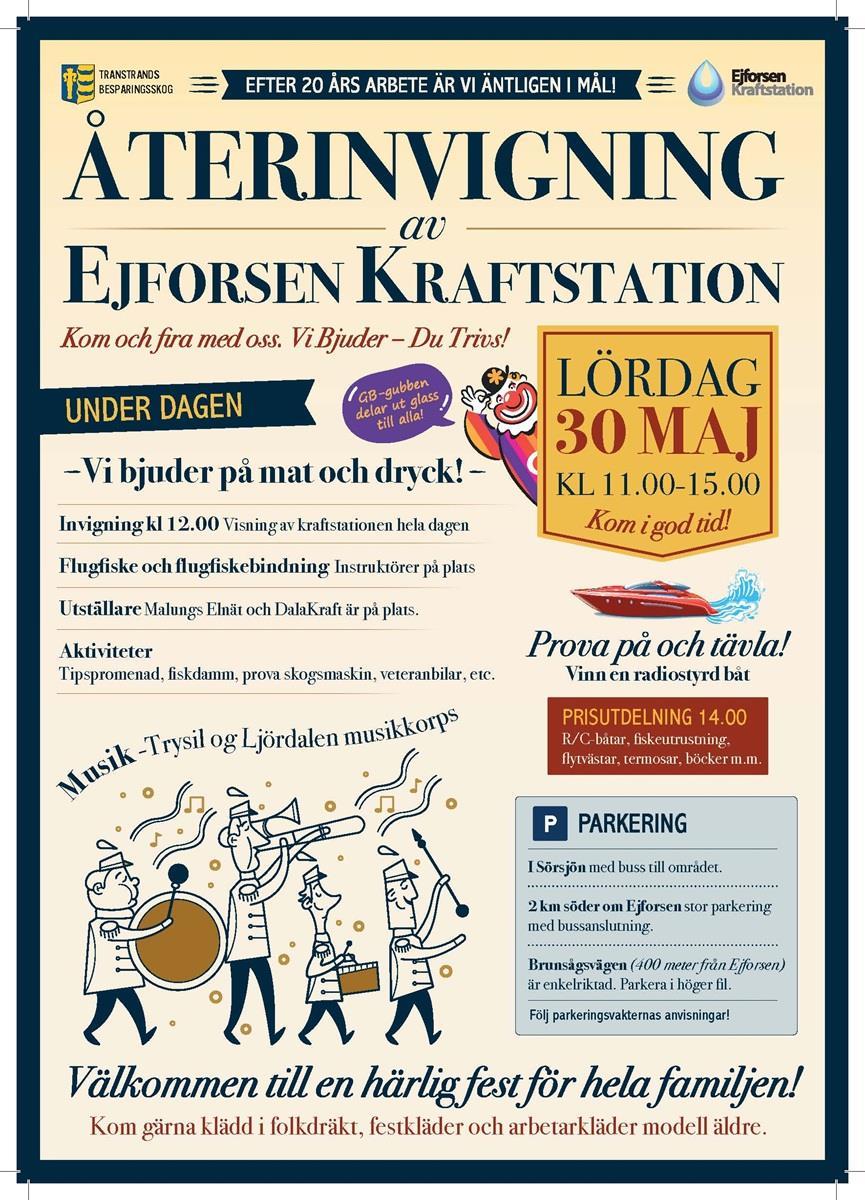 En plakat med mye tekst om gjenåpning av Ejforsen Kraftstasjon - Klikk for stort bilde